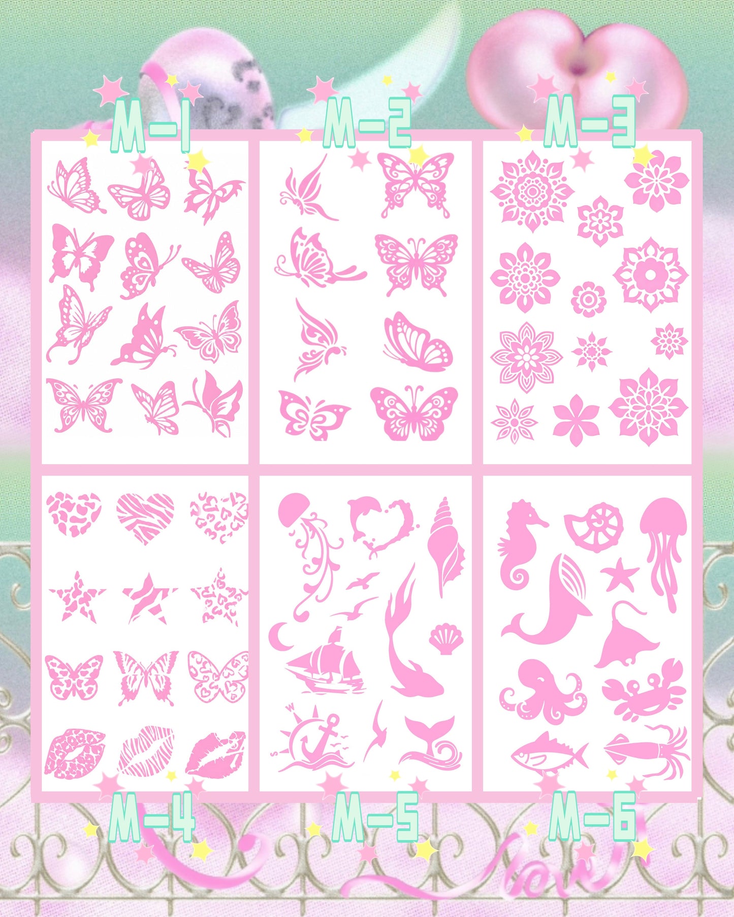 6 Sheets Set DIY Glitter Tattoos- M series